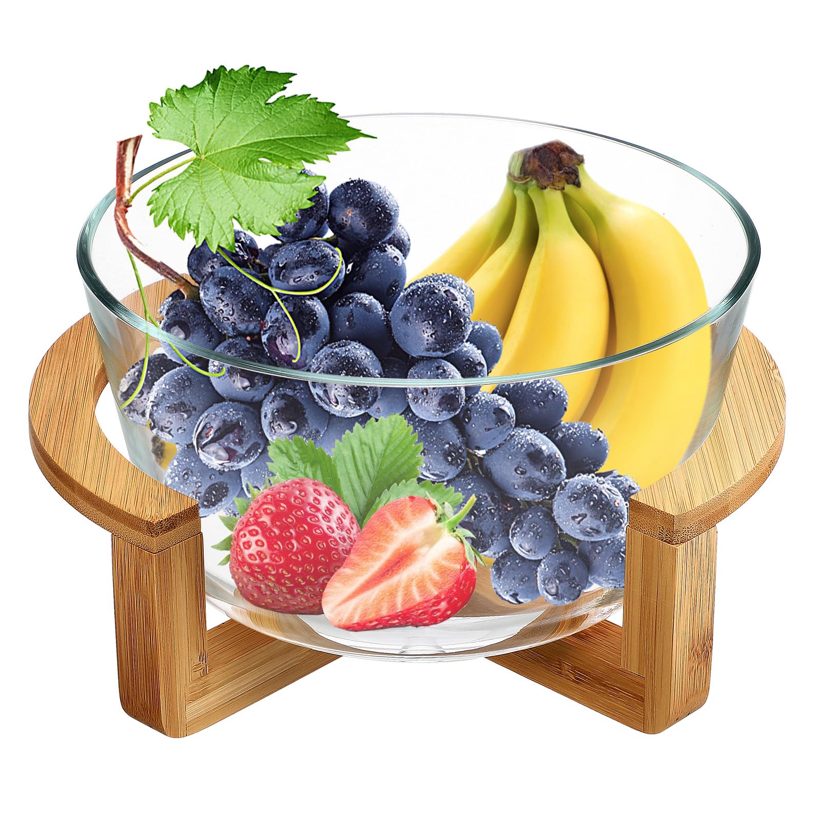 HEMOTON 2500ml Glass Salad Bowl with Wood Stand - Kitchen & Party Serving