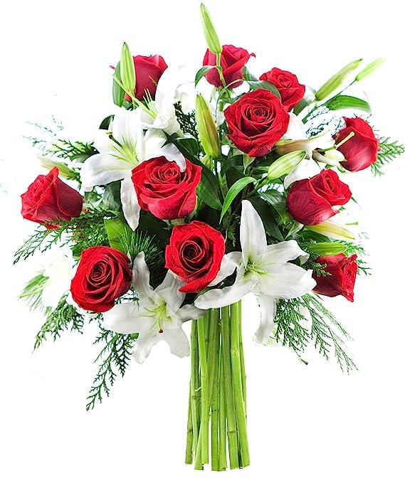 KaBloom Fresh Flower Bouquet - 8 Oriental White Lilies & 12 Red Roses with Lush Greens | Next Day Delivery | Perfect Gift for Birthday, Anniversary, Valentine's Day, Mother's Day | Elegant Home & Office Decor