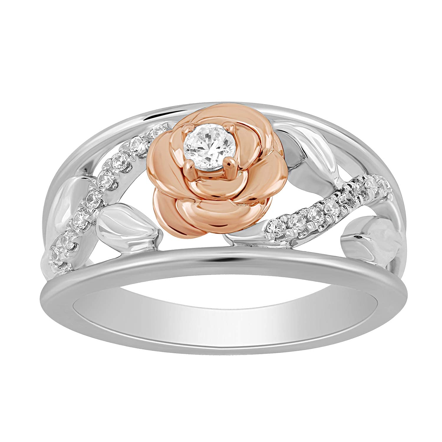Enchanted Disney Belle Rose Ring - Sterling Silver & 10K Rose Gold with 1/5 Cttw Diamond | Elegant Jewelry for Women | Perfect for Disney Fans, Gift Giving & Special Occasions