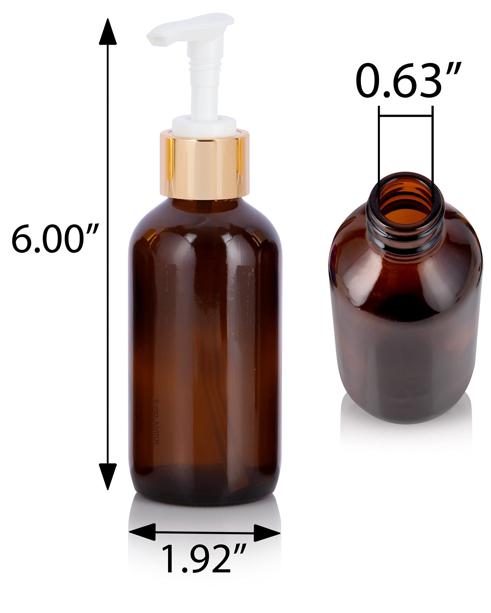 JUVITUS 6-Pack 4 oz (120 ml) Amber Glass Boston Round Bottles with Gold Lotion Pump & Funnel - Essential Oil, Lotion, and Cosmetic Storage - Perfect for DIY Skincare, Hair Care, and Travel Size Products