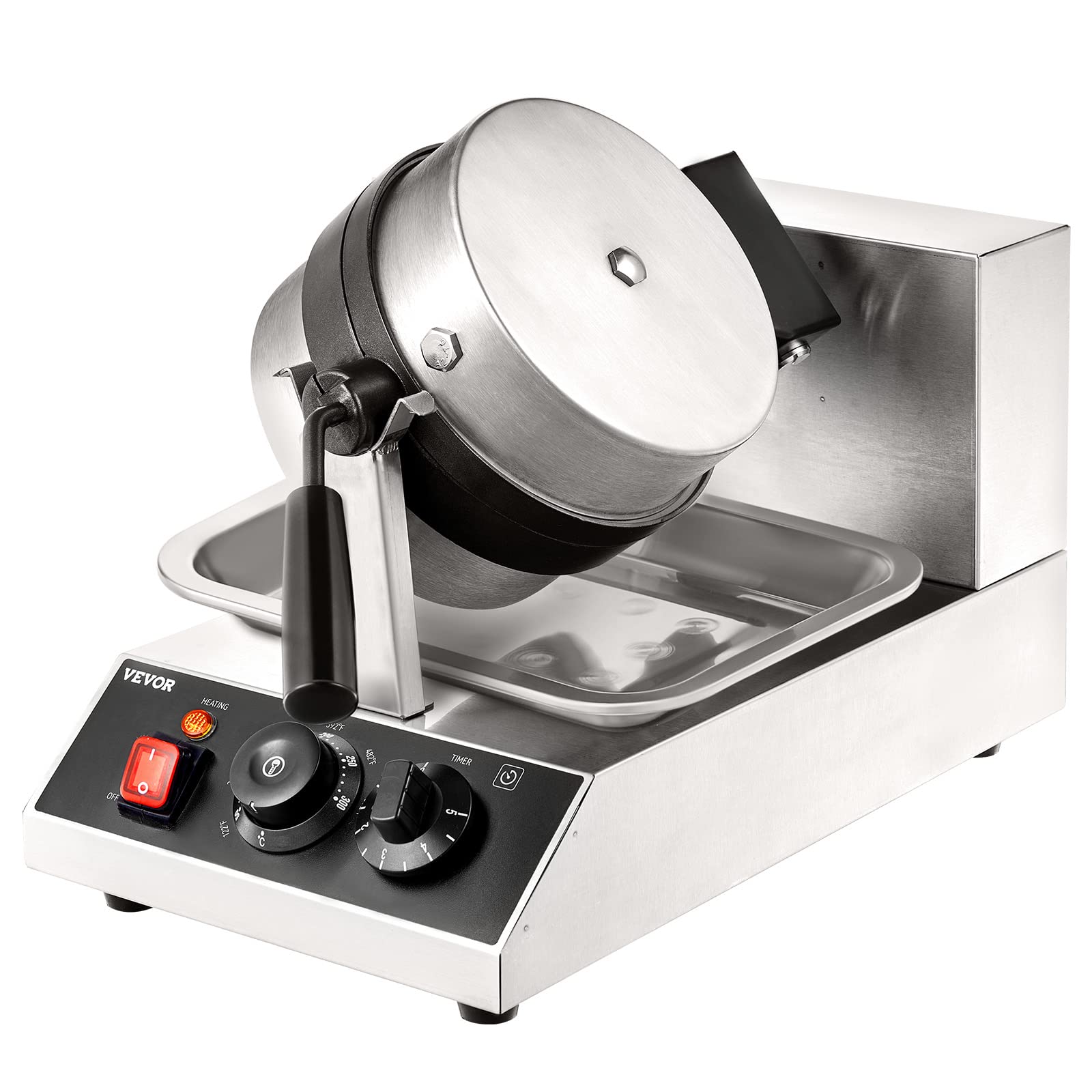 VEVOR Commercial Waffle Maker - 1300W Round Waffle Iron with Non-Stick Teflon Coating, 1 Piece per Batch, Adjustable Temperature 122-572°F (50-300°C), Stainless Steel Body, 120V - Perfect for Restaurants, Cafes, and Breakfast Catering
