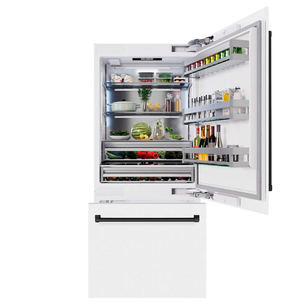 ZLINE Autograph Edition 36 Inch Built-In Bottom Freezer Refrigerator - 19.8 cu.ft Capacity, Water Dispenser & Ice Maker - White Matte with Matte Black Accents (RBITZ WM 36 MB) - Perfect for Modern Kitchens, Open-Concept Homes & Luxury Appliances Collection