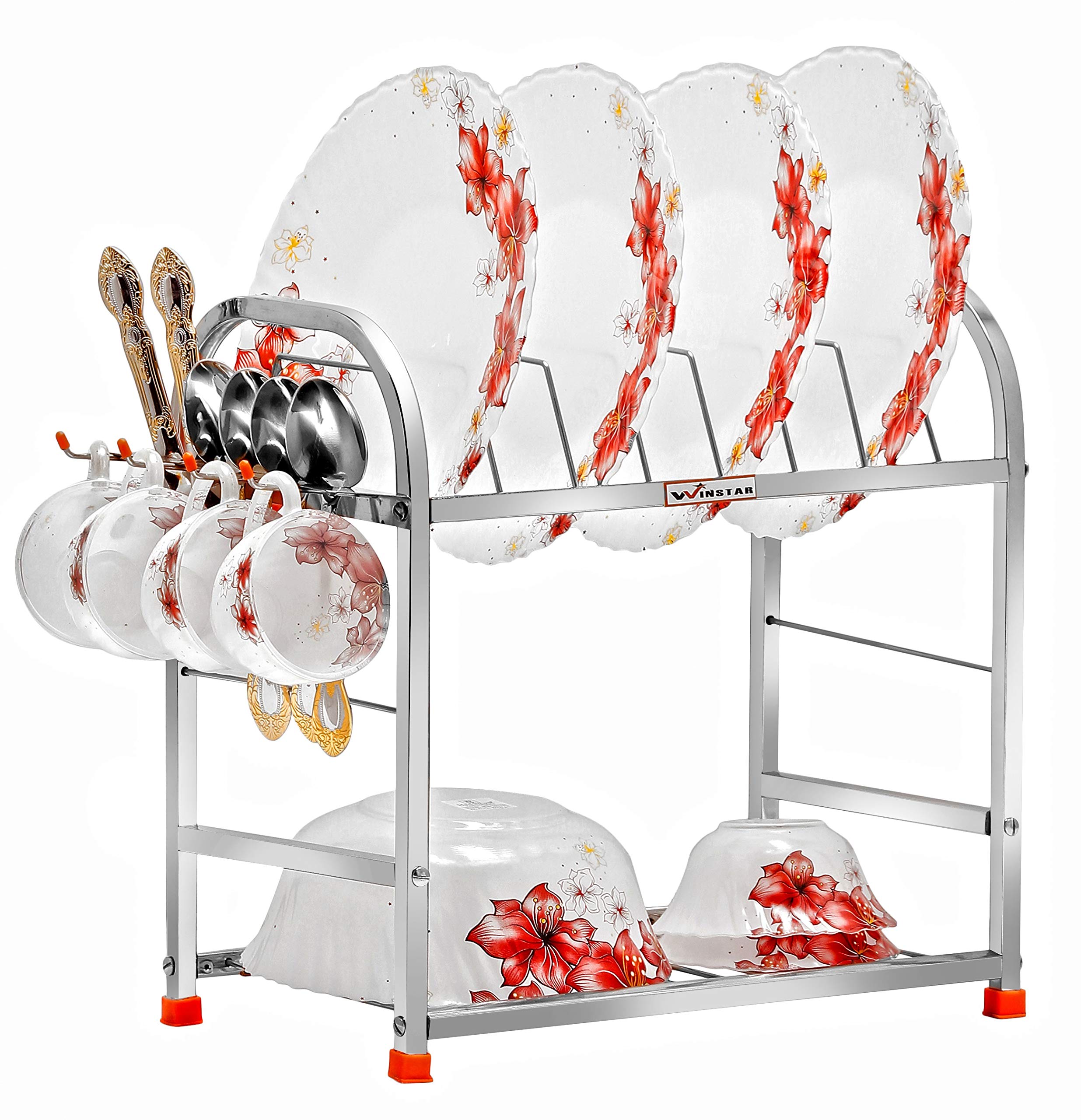 WINSTAR Stainless Steel 2-Tier Wall Mount Kitchen Utensil Rack | Space-Saving Dish Drying Rack with Plate & Cutlery Holder | Modular Kitchen Storage Organizer (15