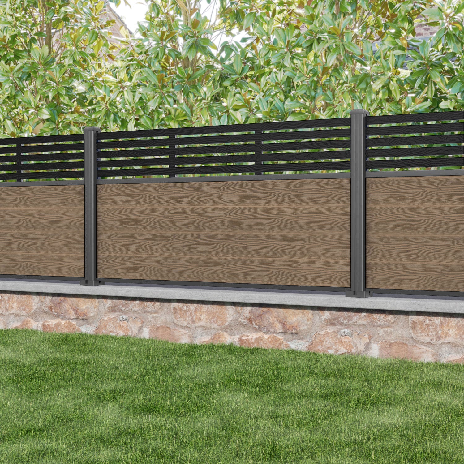 Premium Teak Classic Aspen Fence Panel with Durable Aluminum Posts - Perfect for Backyard Privacy, Garden Borders & Poolside Landscaping