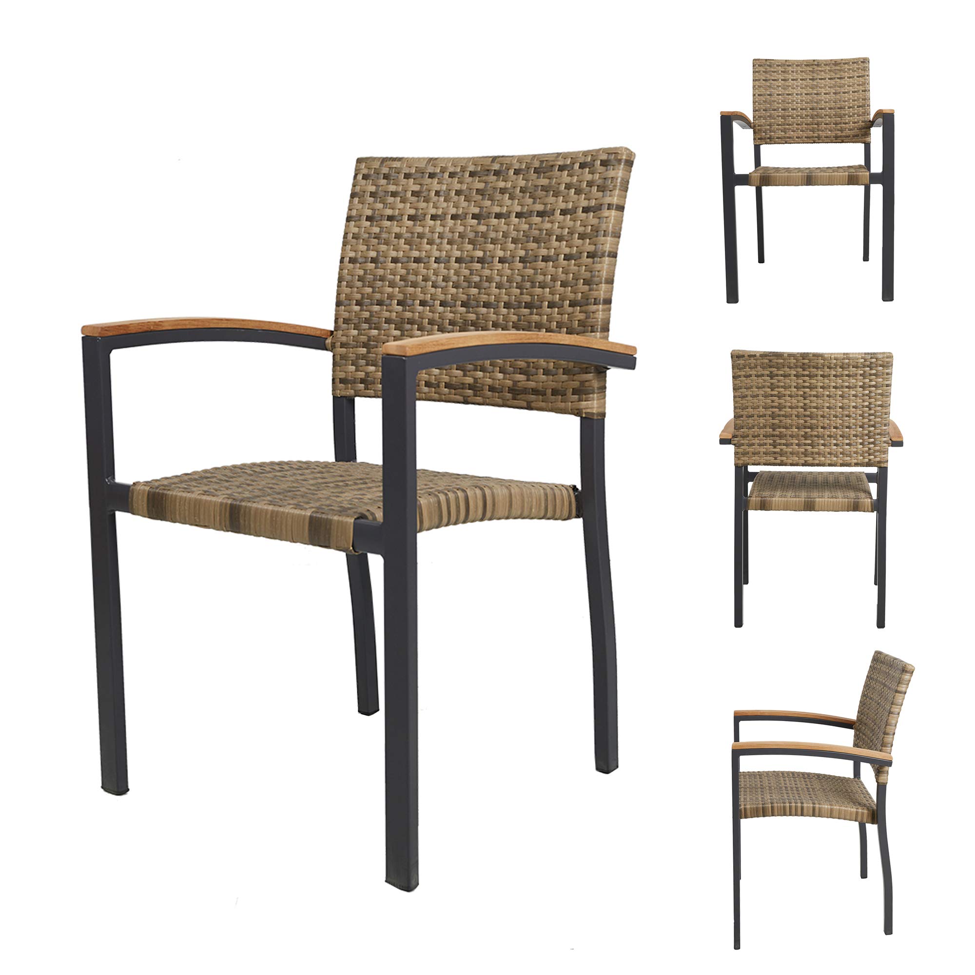 TRY & DO 4-Piece Patio Dining Chairs Set - Outdoor Stackable Wicker Chairs with Wooden Armrests, PE Rattan & Aluminum Frame - Perfect for Garden, Balcony, Lawn & Indoor Use (Brown) | Durable Outdoor Furniture for Entertaining, Relaxing & Dining Al Fresco