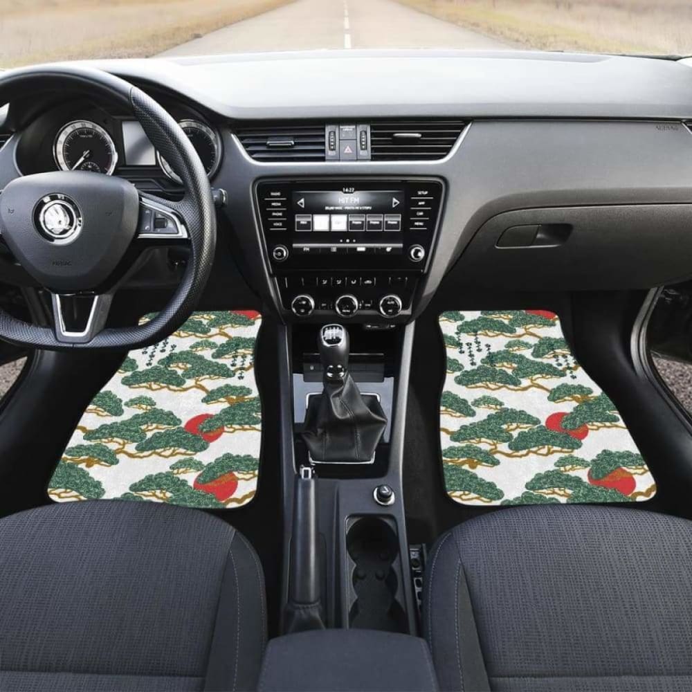 Premium Japanese Bonsai Red Sun Pattern Car Mats - Front & Back Set - Non-Slip Floor Mats for Sedan, SUV, Truck - Perfect for Home, Office & Travel Use