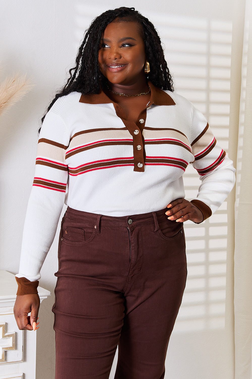 Beige Striped Collar Rib Knit Top for Women - Casual Long Sleeve Shirt for Fall & Winter, Perfect for Office Wear and Weekend Outfits