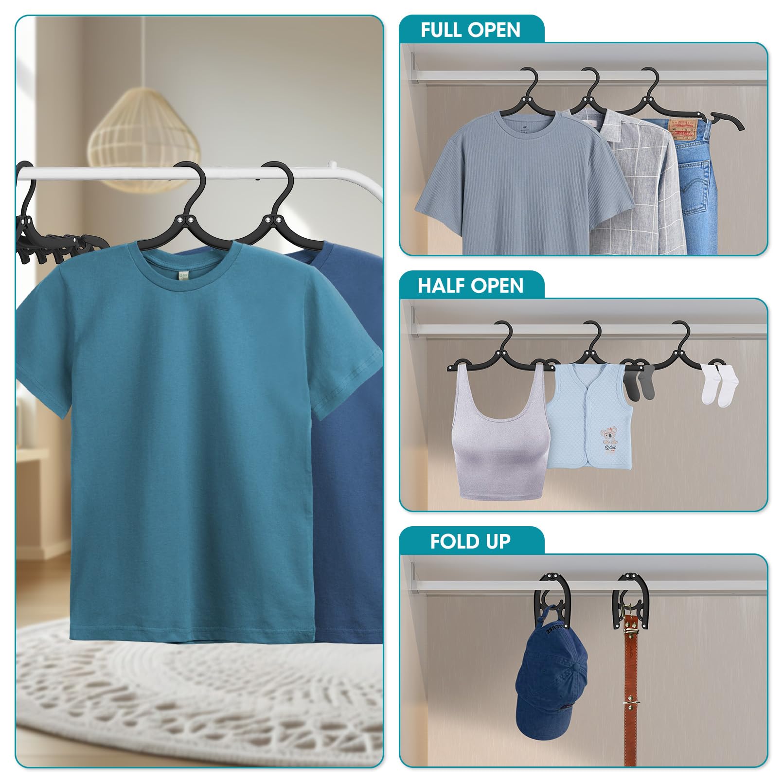 30 Pack Foldable Travel Hangers - Portable Clothes Hanger Organizer for Suitcase, Plastic Drying Rack for Travel, Camping, RV & Cruise - Space Saving Black Hangers (Perfect for Hotels, Dorms & Business Trips)