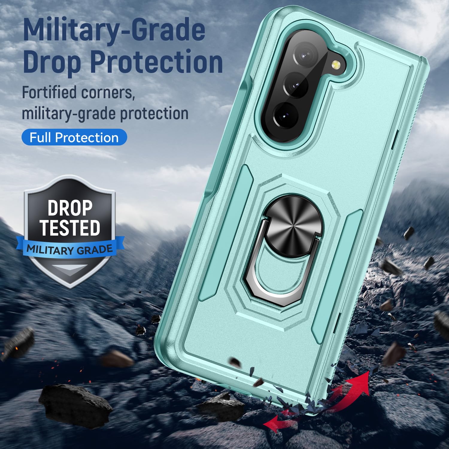 Premium Samsung Galaxy Z Fold 5 Case with Kickstand & Magnetic Ring Holder - Military Grade Shockproof Protection, Skin-Friendly Durable Cover (Green) - Perfect for Work, Travel & Outdoor Activities