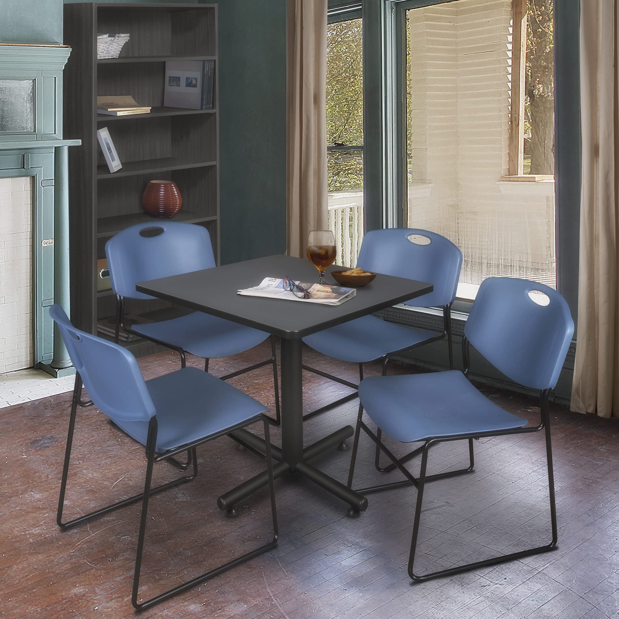 Regency 30-Inch Square Breakroom Table with 4 Zeng Stack Chairs - Grey Table & Blue Chairs for Office, Conference Room, or Home Workspace