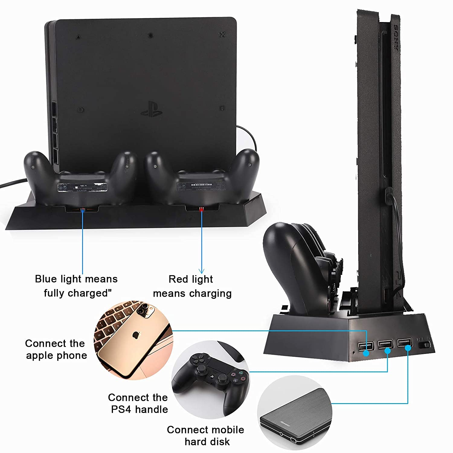 PS4 Vertical Charging Stand with Cooling Fan - 3-in-1 Dock for Playstation 4/PS4 Slim/PS4 Pro | Dual Controller Charger with LED Indicators | Perfect for Gaming Setup & Console Protection