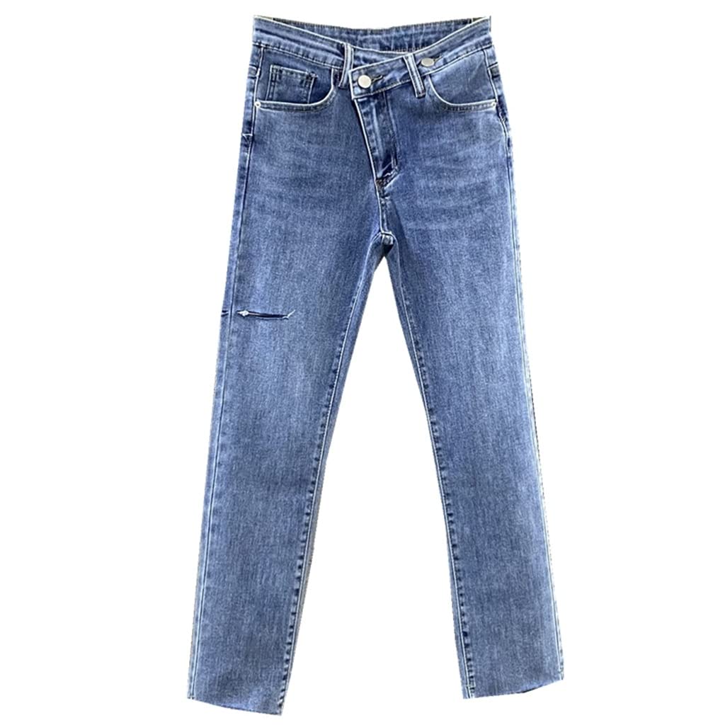 Women's High Waist Slim-Fit Ankle Jeans - Distressed Straight Leg Denim Pants for Fall | Perfect for Casual Outings, Work & Date Nights (Color: As Shown, Size: S)