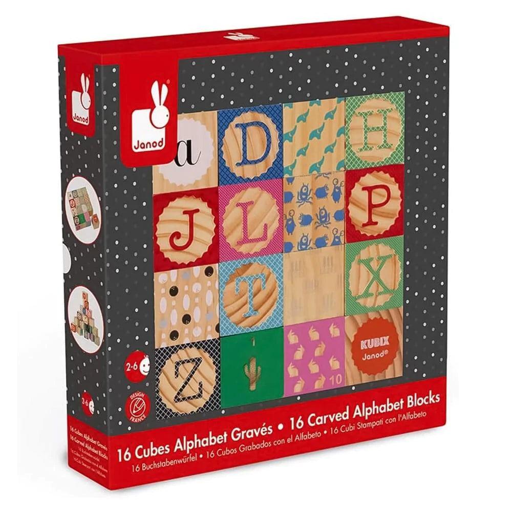 Janod Kubix 16-Piece Alphabet Wooden Blocks - Educational ABC Learning Toys for Toddlers, Montessori Stacking Building Blocks for Kids Ages 2-5 - Perfect for Preschool Classroom & Homeschool Activities