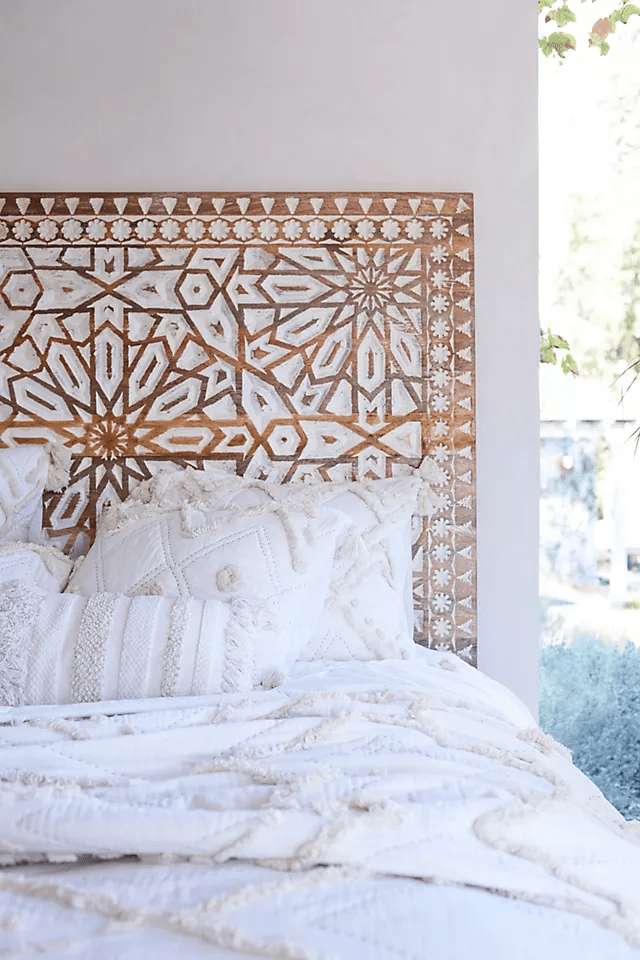 Hand Carved Albaran Bed Frame - Solid Wood Platform Bed with Upholstered Headboard | Modern Bedroom Furniture for Master Bedroom, Guest Room & Apartment