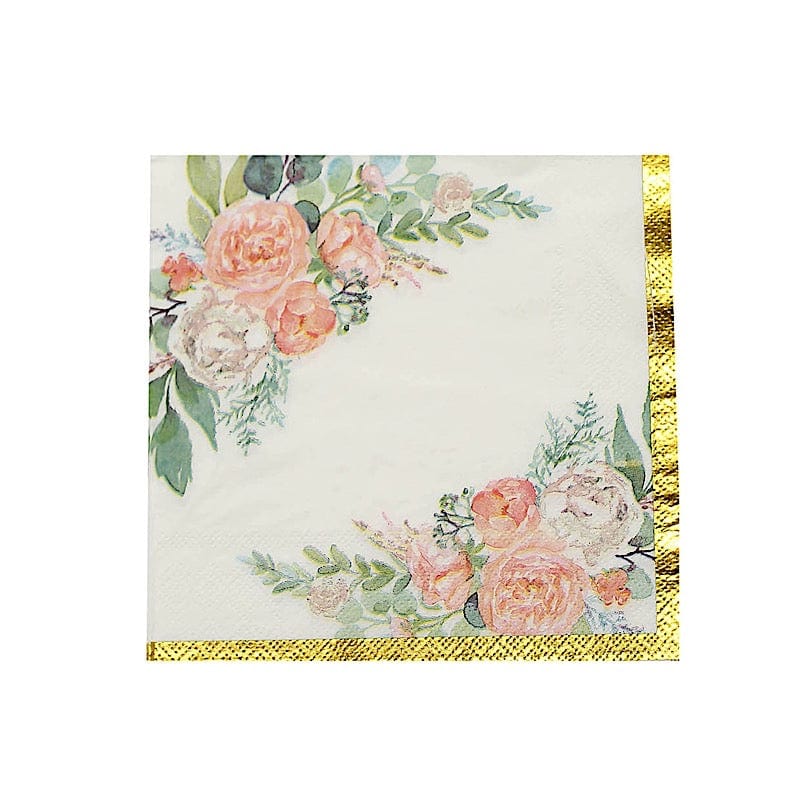 20-Pack Pink Floral Design 13x13 Inch White and Gold Dinner Napkins - Elegant Party, Wedding, and Holiday Table Decor
