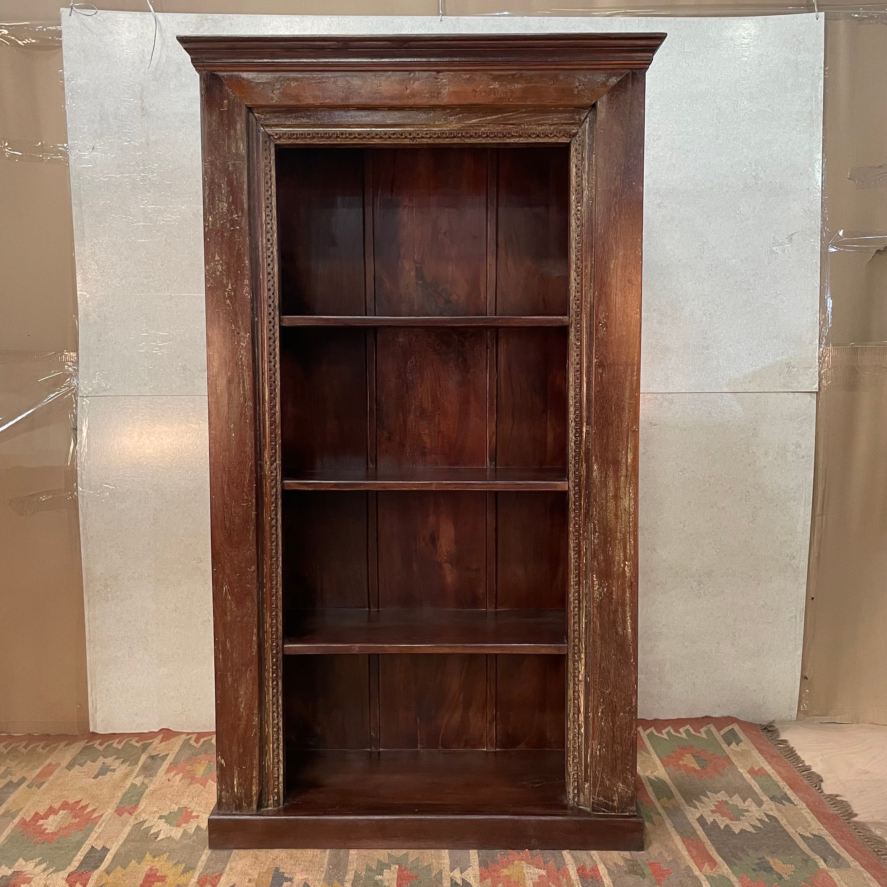 Handcrafted Indian Solid Hardwood Bookshelf - Dark Brown Carved Wooden Bookcase 108x46x205cm - Perfect for Living Room, Study & Office Storage