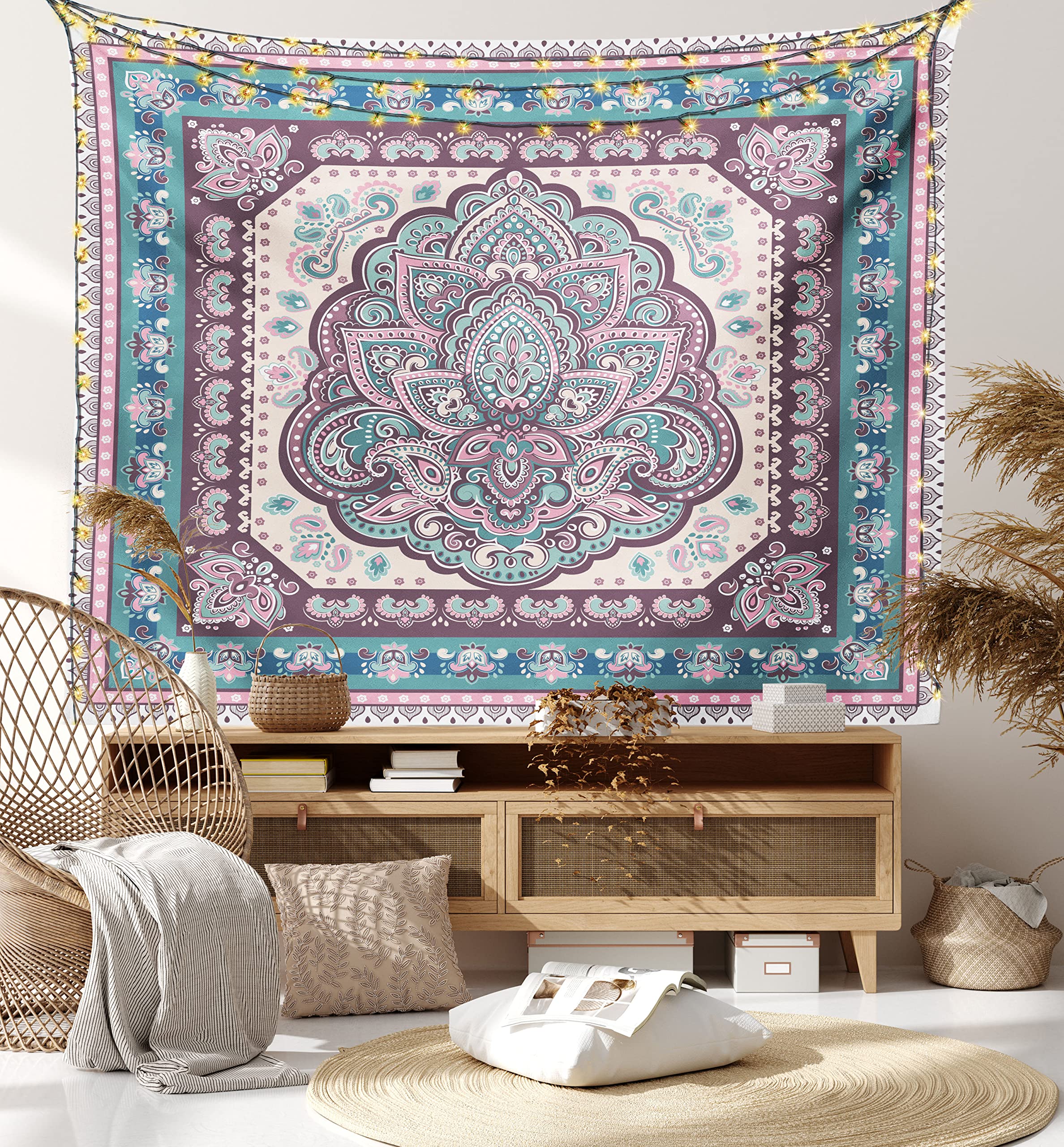 Ambesonne Bohemian Tapestry - Ethnic Mandala Paisley Wall Hanging Decor for Bedroom, Living Room & Dorm | 23x28 Inch Pale Pink Purple Hippie Style Fabric Art | Perfect for Meditation Spaces, Yoga Rooms & Boho Home Decor