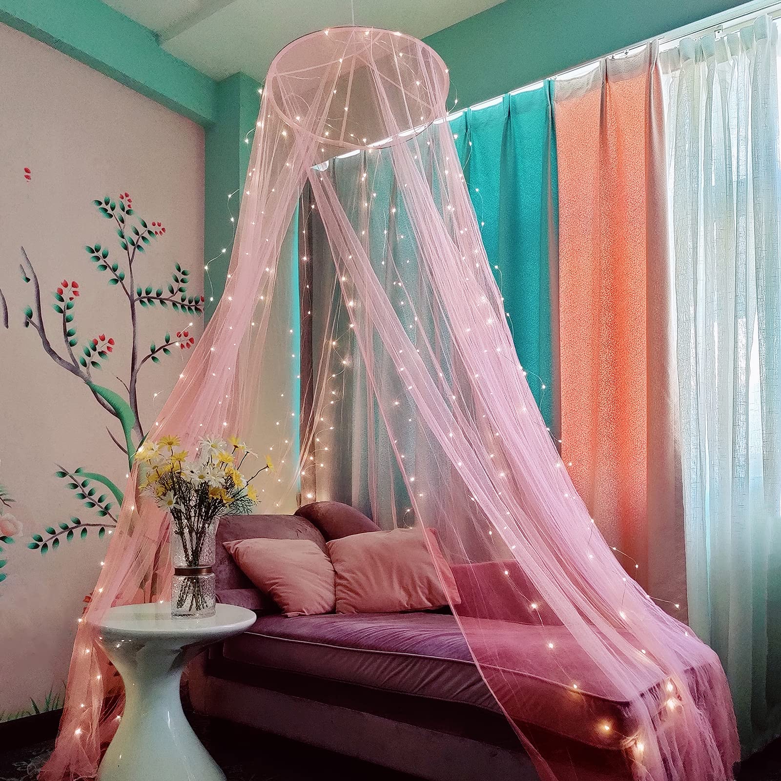 Eimilaly Pink Bed Canopy with 250pcs Warm White LED Curtain Lights - Mosquito Net for Girls Room Decor, Theme Party & Wedding Decorations | Romantic Bedroom Lighting for Princess Style Sleeping Area