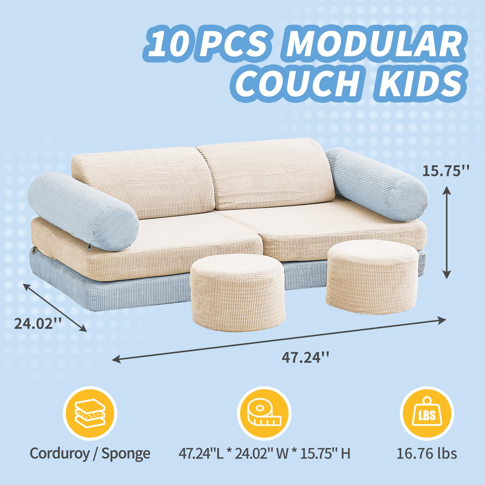 10PCS Modular Kids Play Couch Set - Soft Toddler Sofa for Boys & Girls - Playroom Furniture in Beige & Light Blue (Medium Size) - Perfect for Playtime, Reading Nook & Kids' Lounge Area