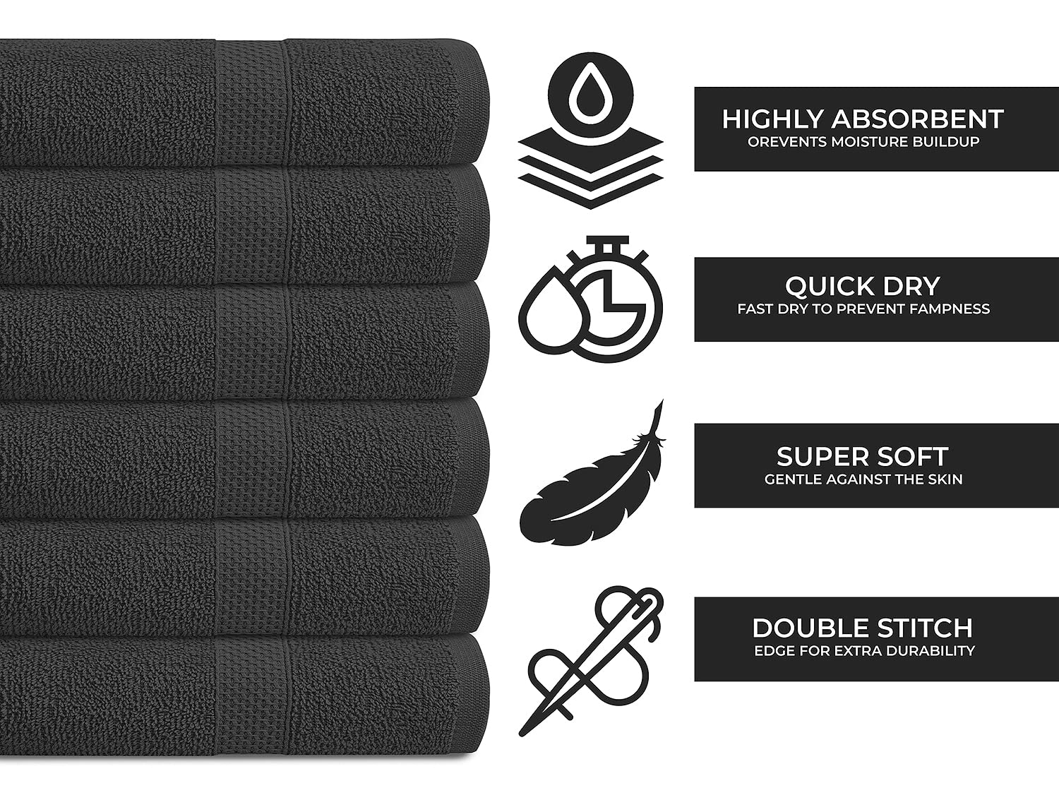 Premium 24x46 Inch Cotton Bath Towels Set of 6 - Super Absorbent & Quick Dry Terry Towels for Bathroom, Shower, Pool, Spa & Gym | Soft Hand Towels for Daily Use | Lightweight & Durable | Charcoal Grey | Perfect for Hotels, Guest Rooms & Beach Trips