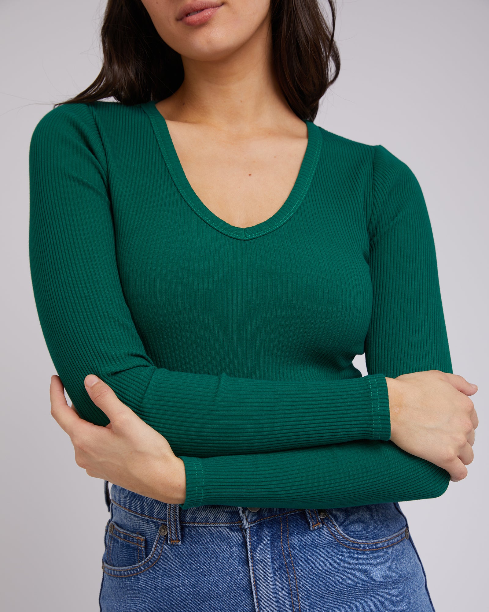 Eve Rib V Neck Long Sleeve Top in Emerald Green - Women's Fashion Stretch Knit Shirt for Work, Date Night & Casual Outfits