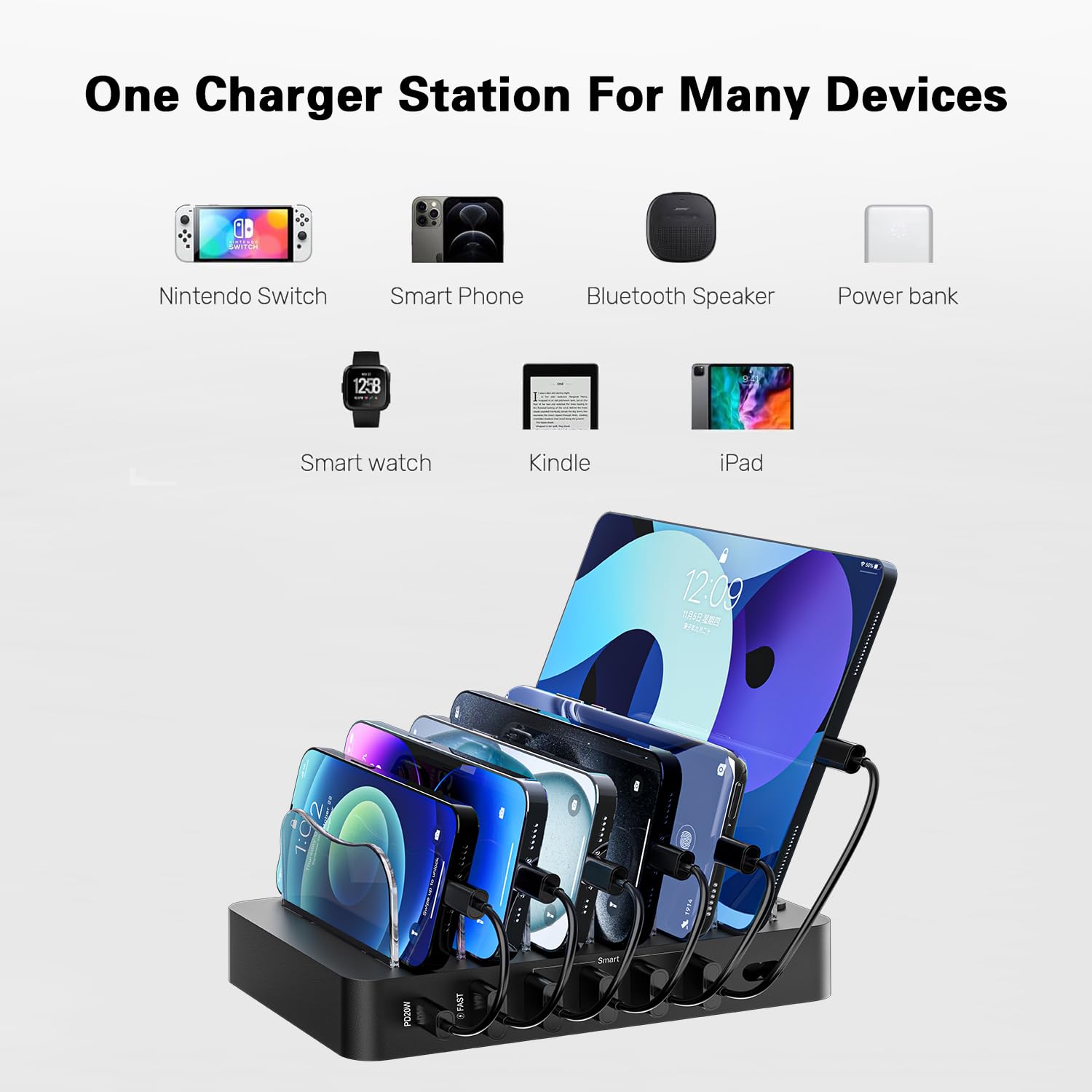68W 6-Port Fast Charging Station with 6 Cables - for iPhone, iPad, Tablets & More (Black) - Perfect for Home & Office Use