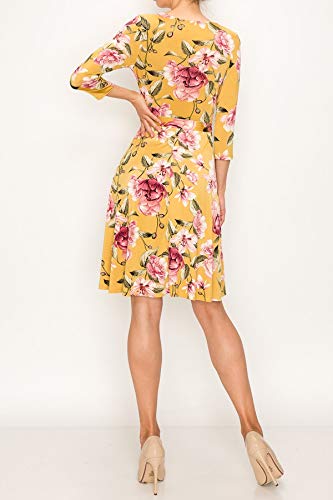 Women's 3/4 Sleeve Faux Wrap Midi Dress - Made in USA, Knee Length Summer Dress for Wedding Guest, Party, Bridal, Baby Shower & Maternity Nursing - Mustard Yellow | Perfect for Outdoor Events & Special Occasions