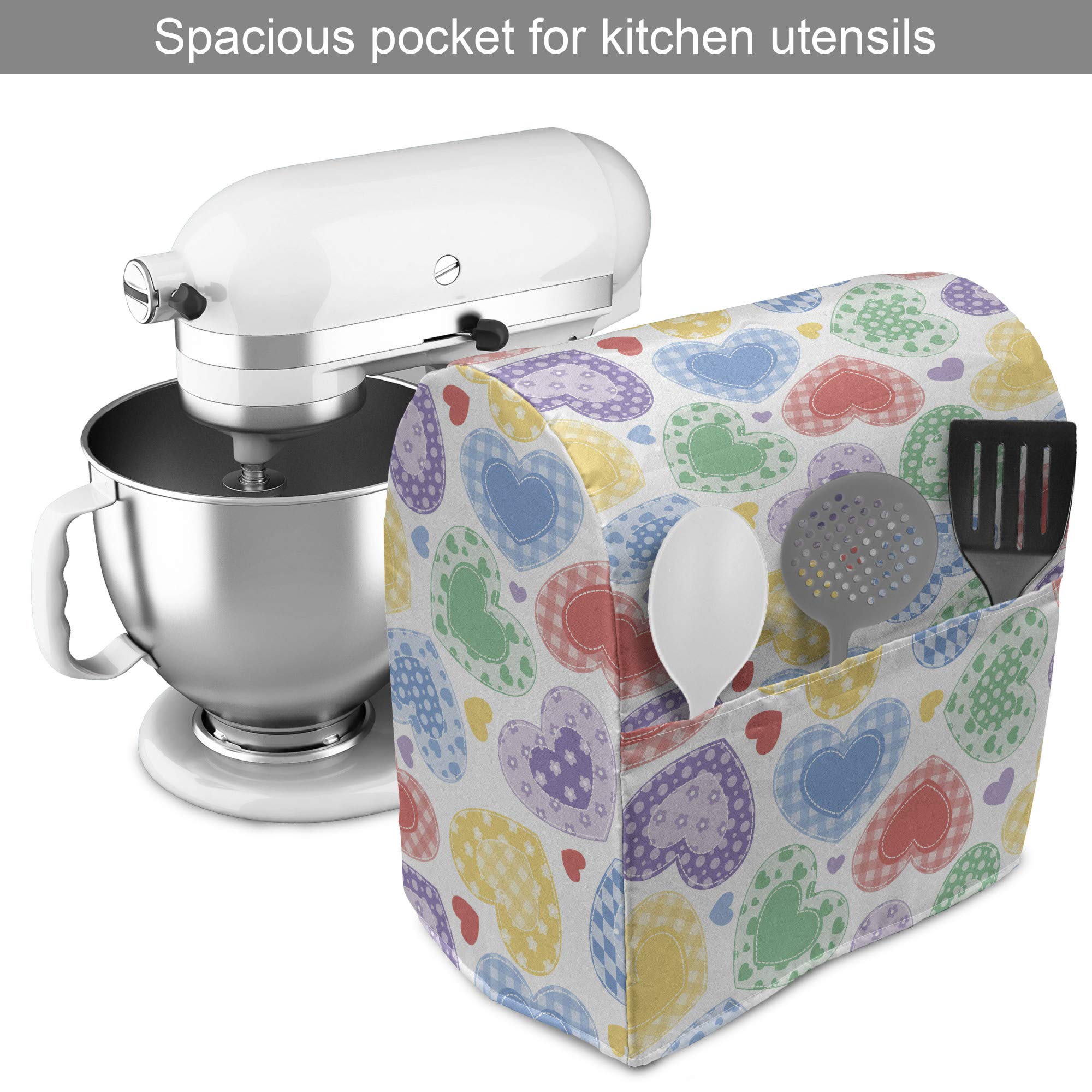Ambesonne Love Stand Mixer Cover - Patchwork Hearts Design, White Backdrop, Romantic Valentine's Theme - 6-8 Quart Kitchen Appliance Organizer with Pocket - Perfect for Valentine's Day Gifts & Kitchen Organization (Multicolor)