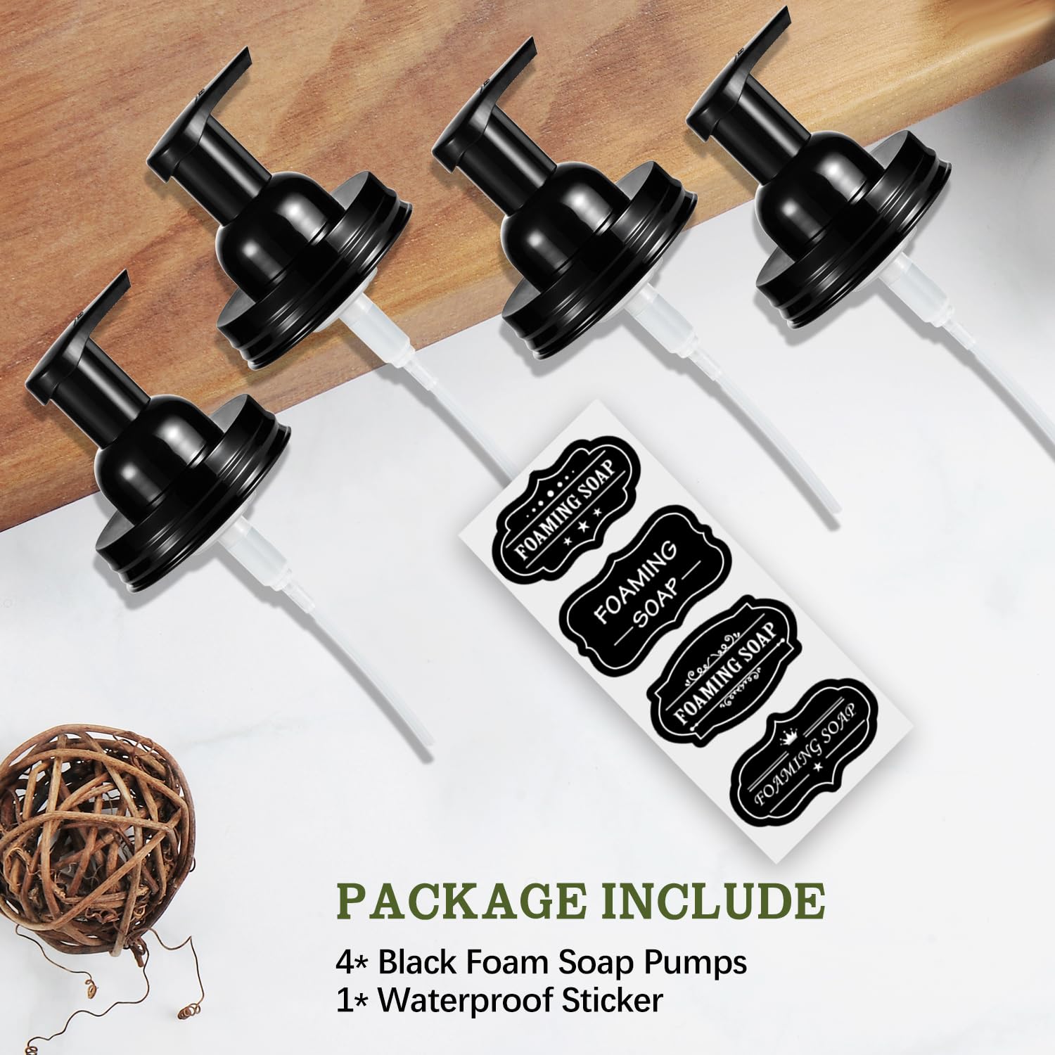 Amolliar Mason Jar Foaming Soap Dispenser Lids - 4 Pack Black Plastic Foam Pump Lids for Regular Mouth Jars | Farmhouse Kitchen & Bathroom Accessories | Includes Waterproof Stickers | Perfect for Hand Soap, Dish Soap & Shower Gel Dispensers