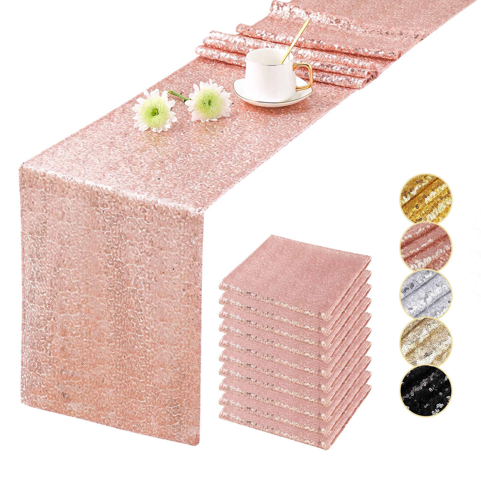 10 Pack Rose Gold Sequin Table Runners - Elegant Party Table Decorations for Weddings, Christmas & Special Events - Glittering Tablecloth for Banquet, Reception & Holiday Celebrations