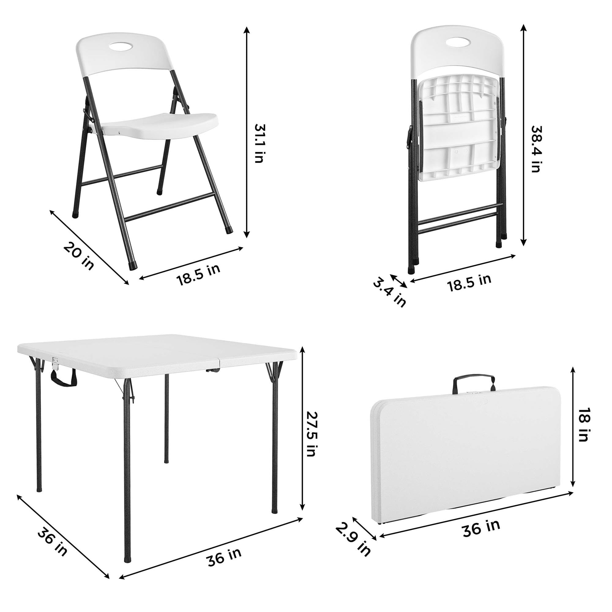 COSCO XL 5-Piece Indoor Outdoor Dining Set with 36 Inch Foldable Card Table & Handle - White - Perfect for Patio, Picnics, Camping & Small Space Living