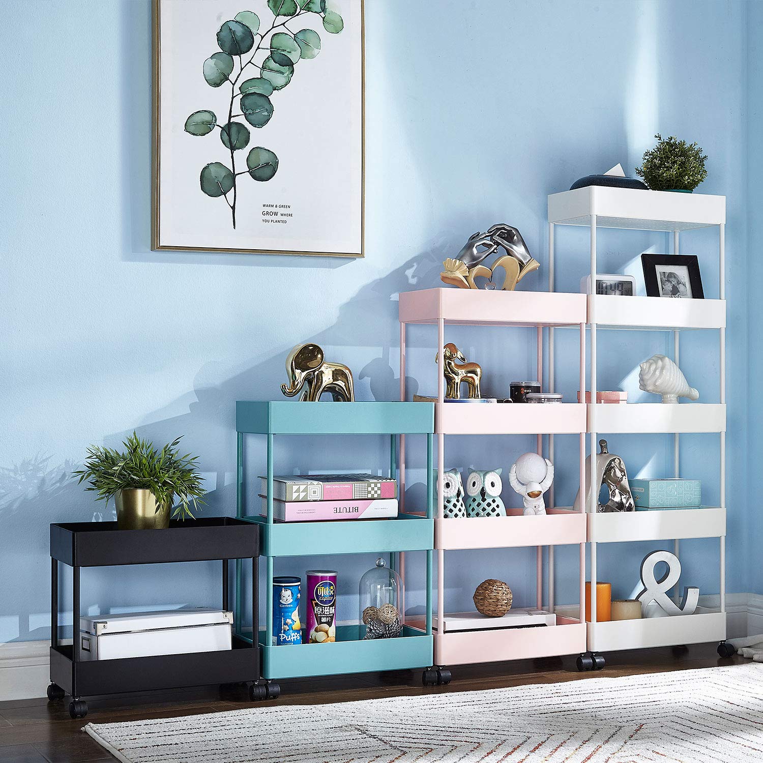 4-Tier Rolling Storage Cart with Slide-Out Shelves - Slim Mobile Organizer Utility Cart for Kitchen, Bathroom, Office - ABS Plastic Shelving Unit for Crafts, Supplies & Home Organization (Blue) - Perfect for Small Spaces & Clutter-Free Storage