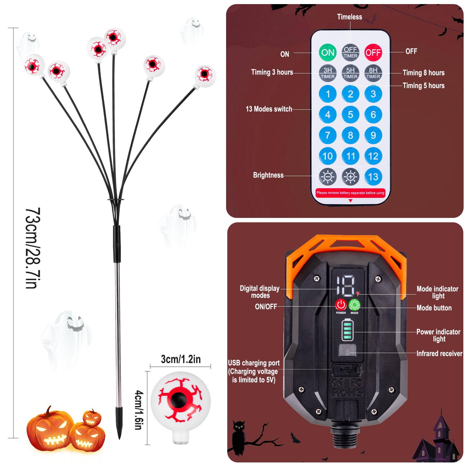 2 Packs 12LED Solar Halloween Decorations - Scary Bleeding Eyeball Swaying Firefly Lights, Waterproof Outdoor Garden Path Lights for Patio, Yard, Pathway, Walkway - Perfect for Halloween Party Decor & Spooky Outdoor Ambiance