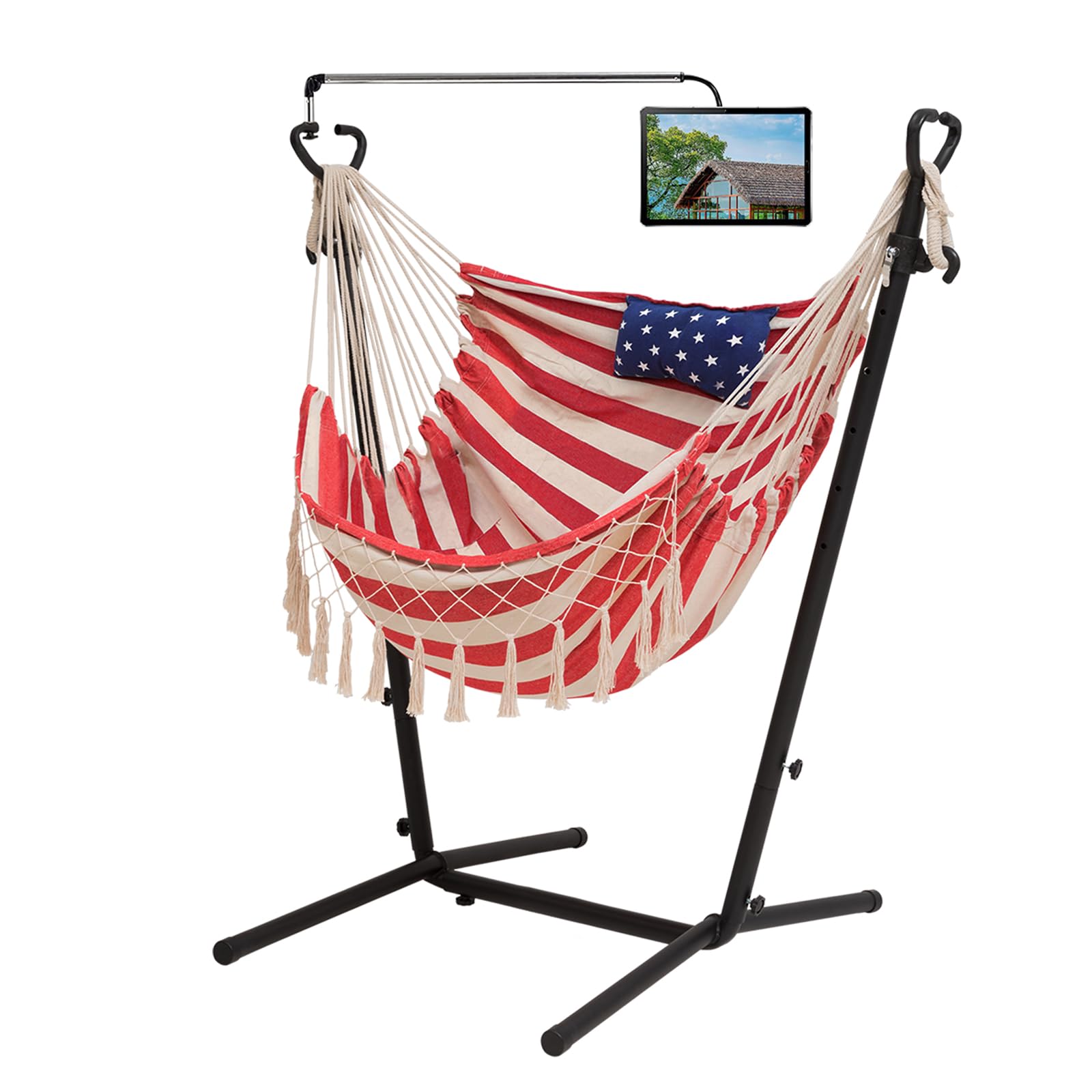 LUCKWIND American Flag Hammock Chair with Stand - Heavy Duty 400LB Capacity, Adjustable Handmade Swing Chair for Outdoor & Indoor Use - Includes Phone/Pad Holder - Perfect for Backyard, Patio, Camping & Relaxation