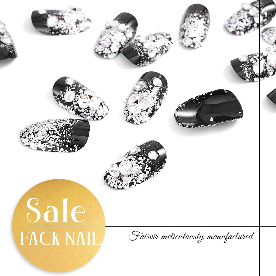Fairvir Black Crystal Glitter Fake Nails with Rhinestones - 24Pcs Oval Full Cover Press on Nails for Women & Girls - Perfect for Birthday Parties, Weddings, and Special Occasions