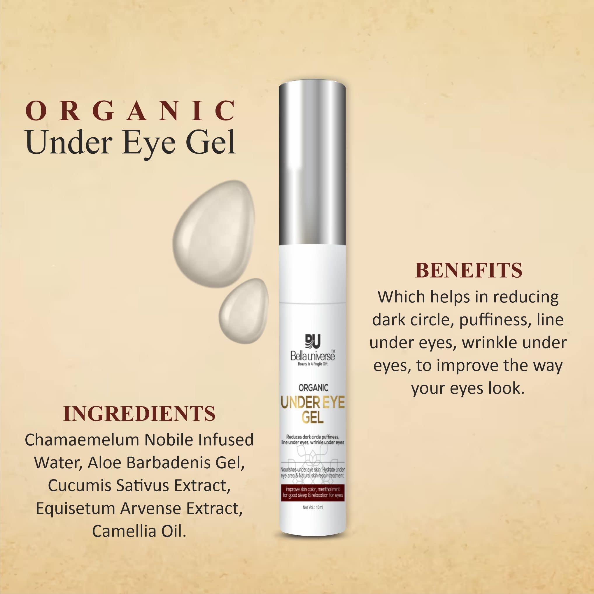 BELLAUNIVERSE Under Eye Gel for Dark Circles & Puffiness - Anti-Aging Eye Cream with Camellia Oil & Aloe Vera - Cooling Roller for Fine Lines & Wrinkles - Men & Women - Perfect for Morning Routine & Night Care