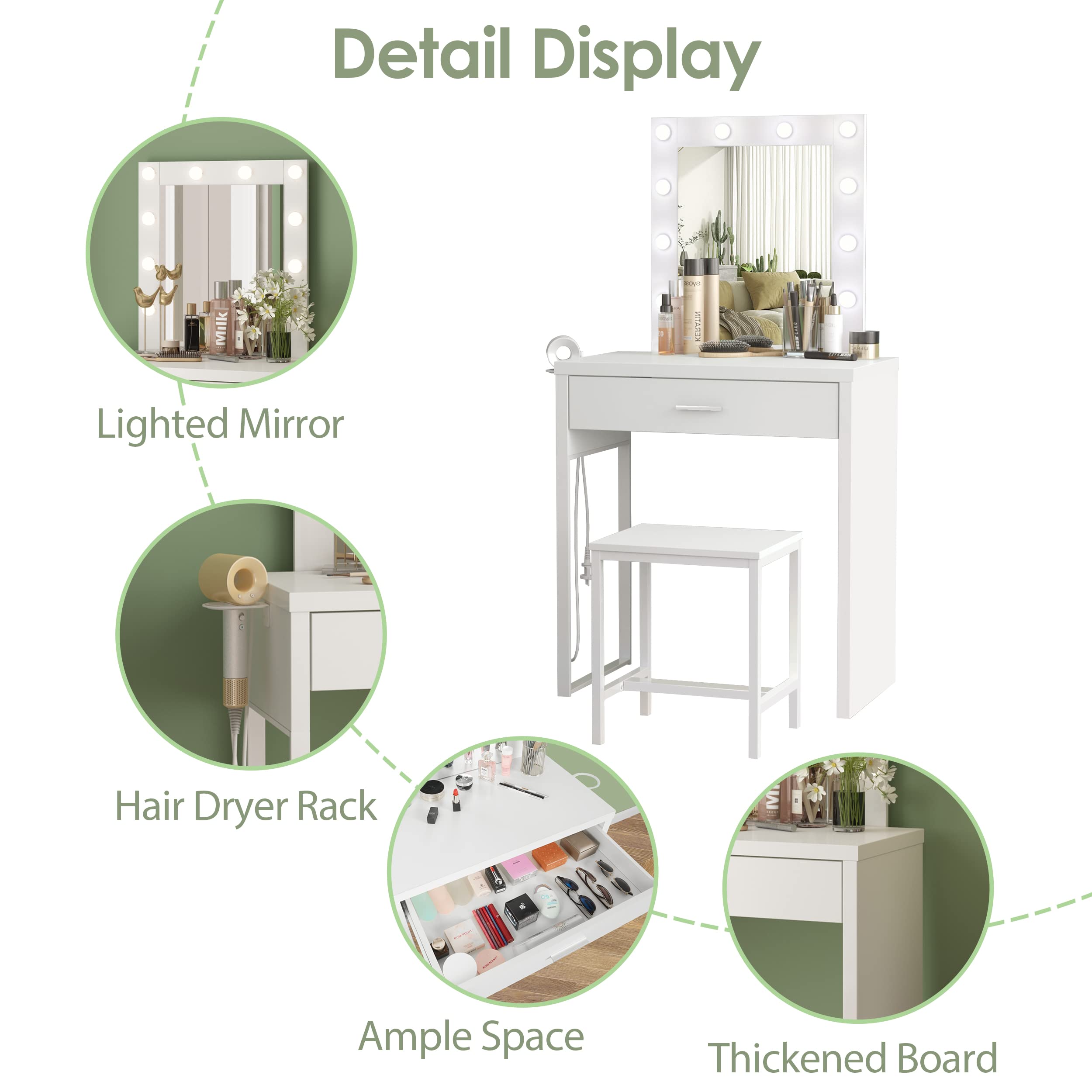 White Makeup Vanity Desk with Mirror & 10 LED Lights - Small Vanity Table & Chair Set for Bedroom, 27.6 Inch Dressing Table for Makeup, Skincare & Hair Styling - Perfect for Home, Apartment & Beauty Salon Use