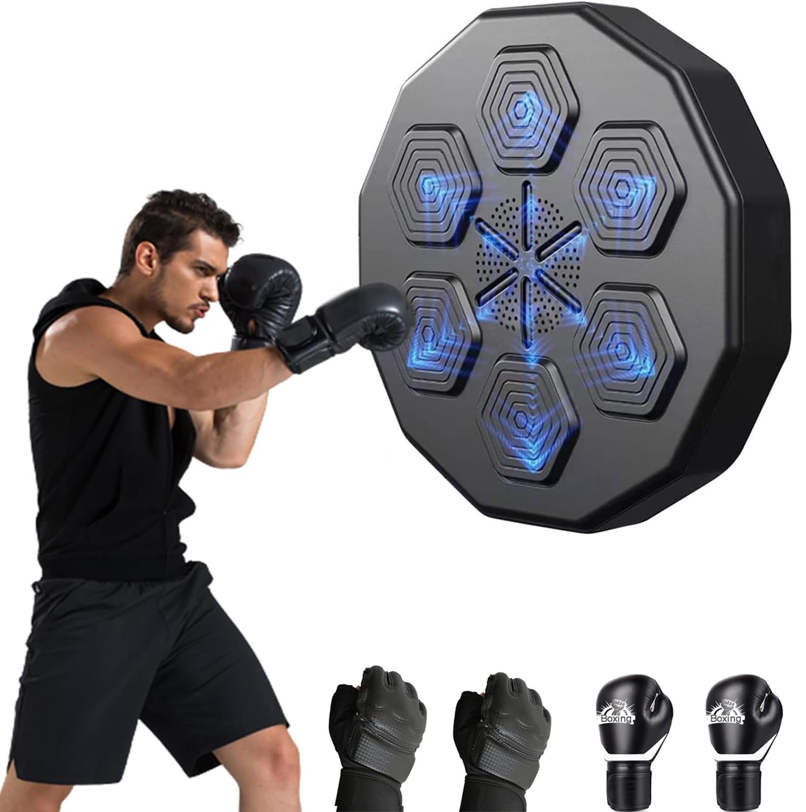 OWNA One Punch Boxing Machine with 4 Professional Boxing Gloves - Smart Music Boxing Trainer Wall Pads for Home Workout - Fitness Equipment for Adults & Kids - Perfect for Stress Relief, Cardio Training & Family Fun
