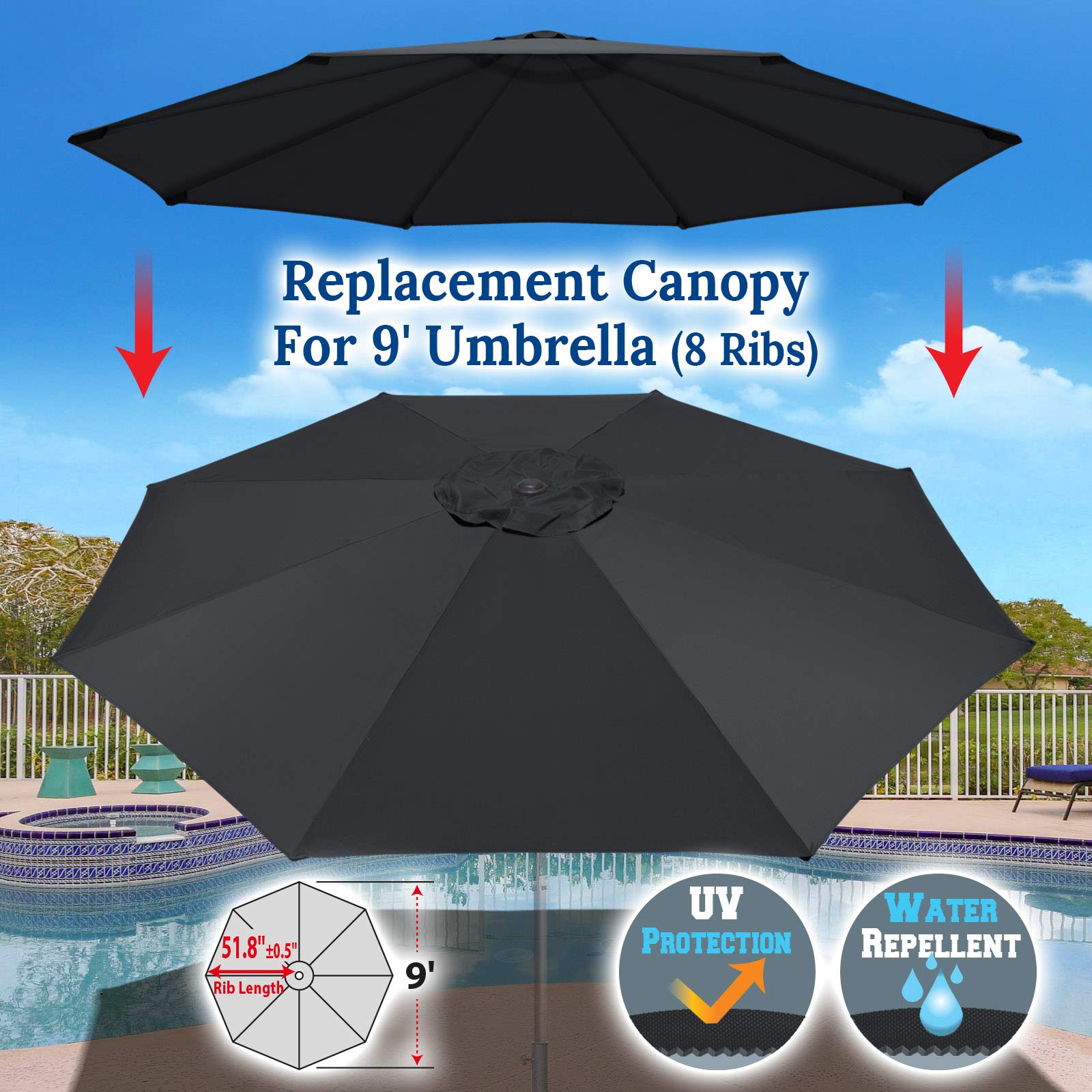 BenefitUSA 9ft 8-Rib Patio Umbrella Replacement Canopy Cover - Durable Outdoor Shade Top in Black - Perfect for Backyard, Poolside & Garden Protection
