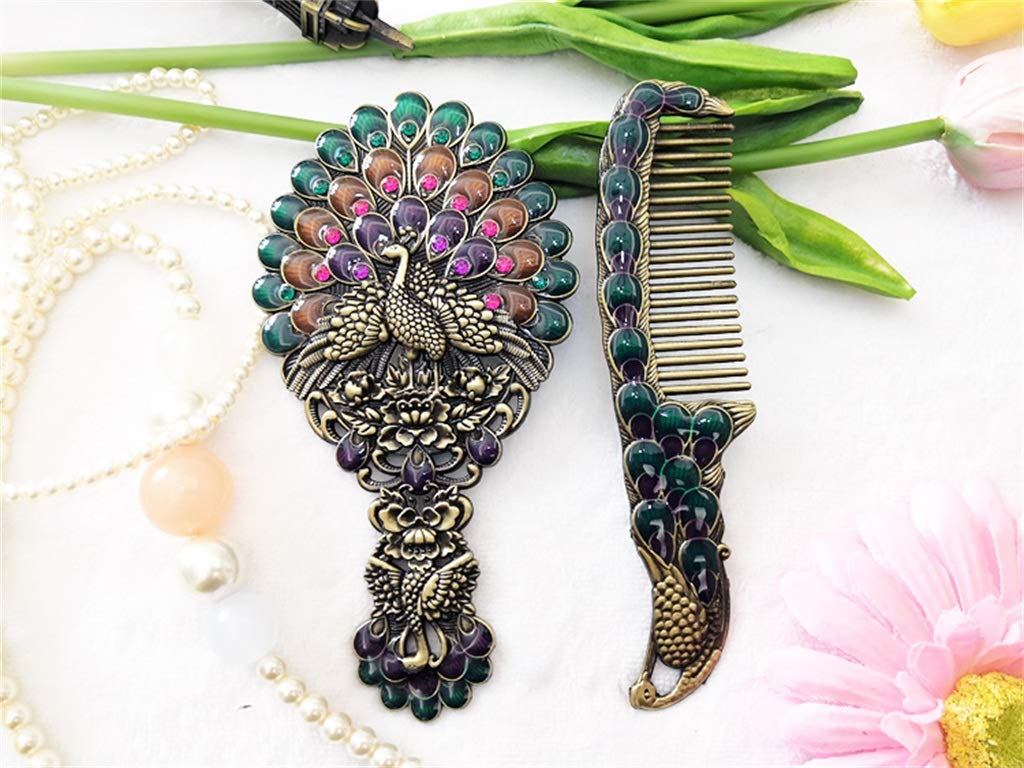 Vintage Chinese Handheld Mirror with Peacock Carving & Rhinestone Decoration - Portable Makeup Mirror with Hollow-Out Design & Comb Set - Perfect for Vanity, Bridal Dressing, and Home Décor