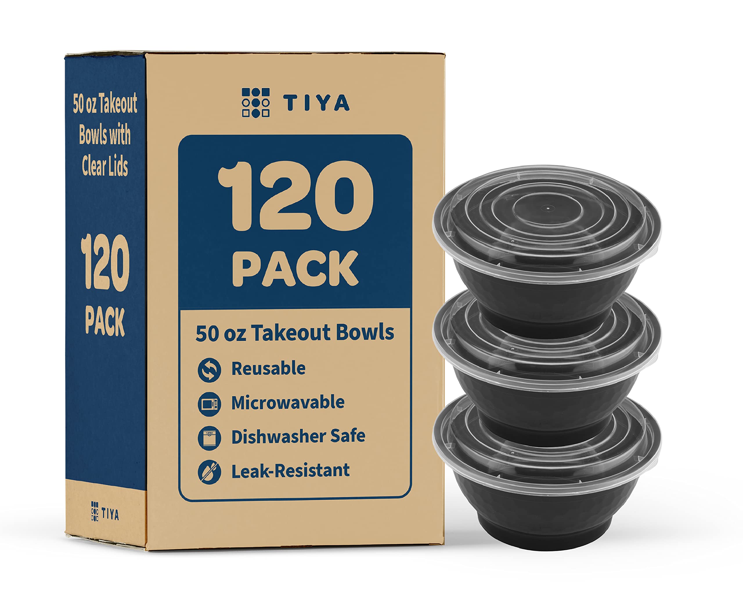 TIYA 50 oz Takeout Food Containers Bulk 120 Pack with Lids - Reusable Microwavable Plastic Bowls for Meal Prep, Soups & Leftovers - BPA-Free, Leak-Proof, Dishwasher Safe - Perfect for Restaurants, Catering & Home Storage