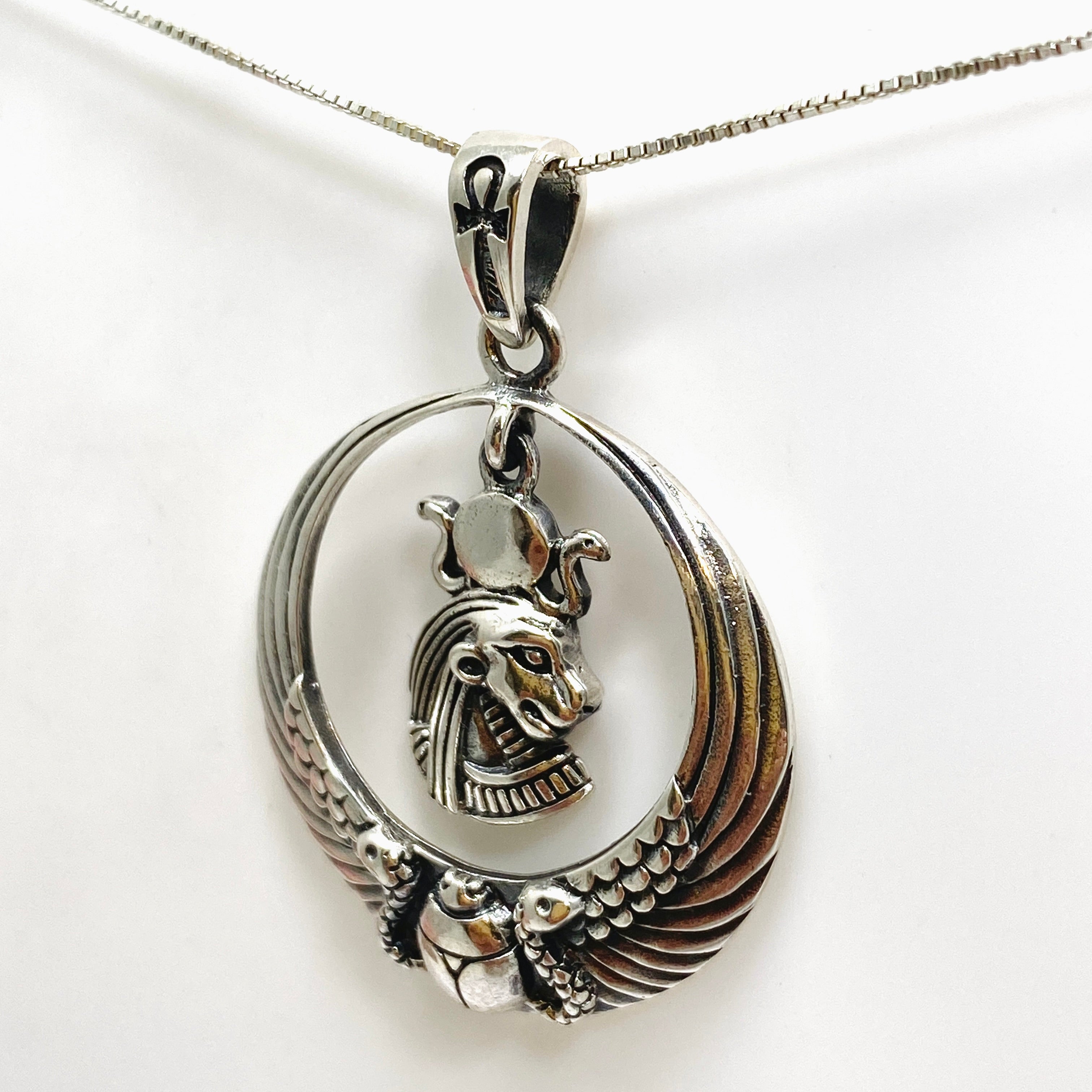 Sekhmet Lion Head Pendant with Scarab & Ankh - Ancient Egyptian Jewelry - Sterling Silver Necklace for Women - Perfect for Spiritual Protection & Boho Fashion