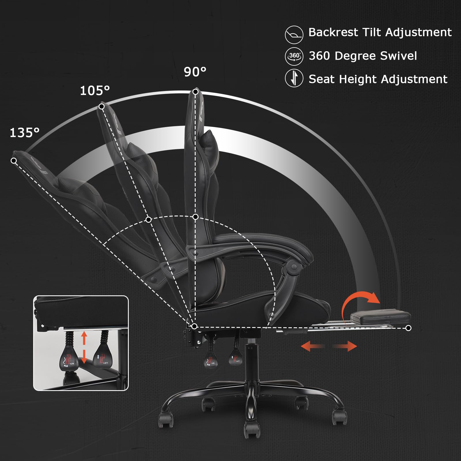 Ergonomic Gaming Chair with Adjustable Linkage Armrest & Footrest - High Back Computer Chair for PC & Console Gamers - Black - Perfect for Esports, Streaming & Office Work
