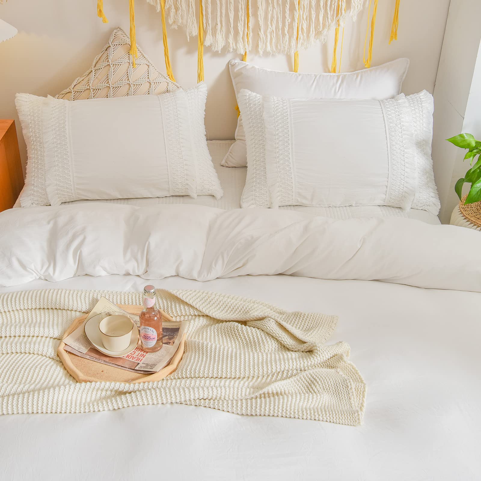 Premium King Size Pillow Cases Set of 2 - Soft Washed Microfiber Pillow Covers with Tassel Trim & Envelope Closure - White Boho Farmhouse Bedding for Master Bedroom, Guest Room & Home Decor