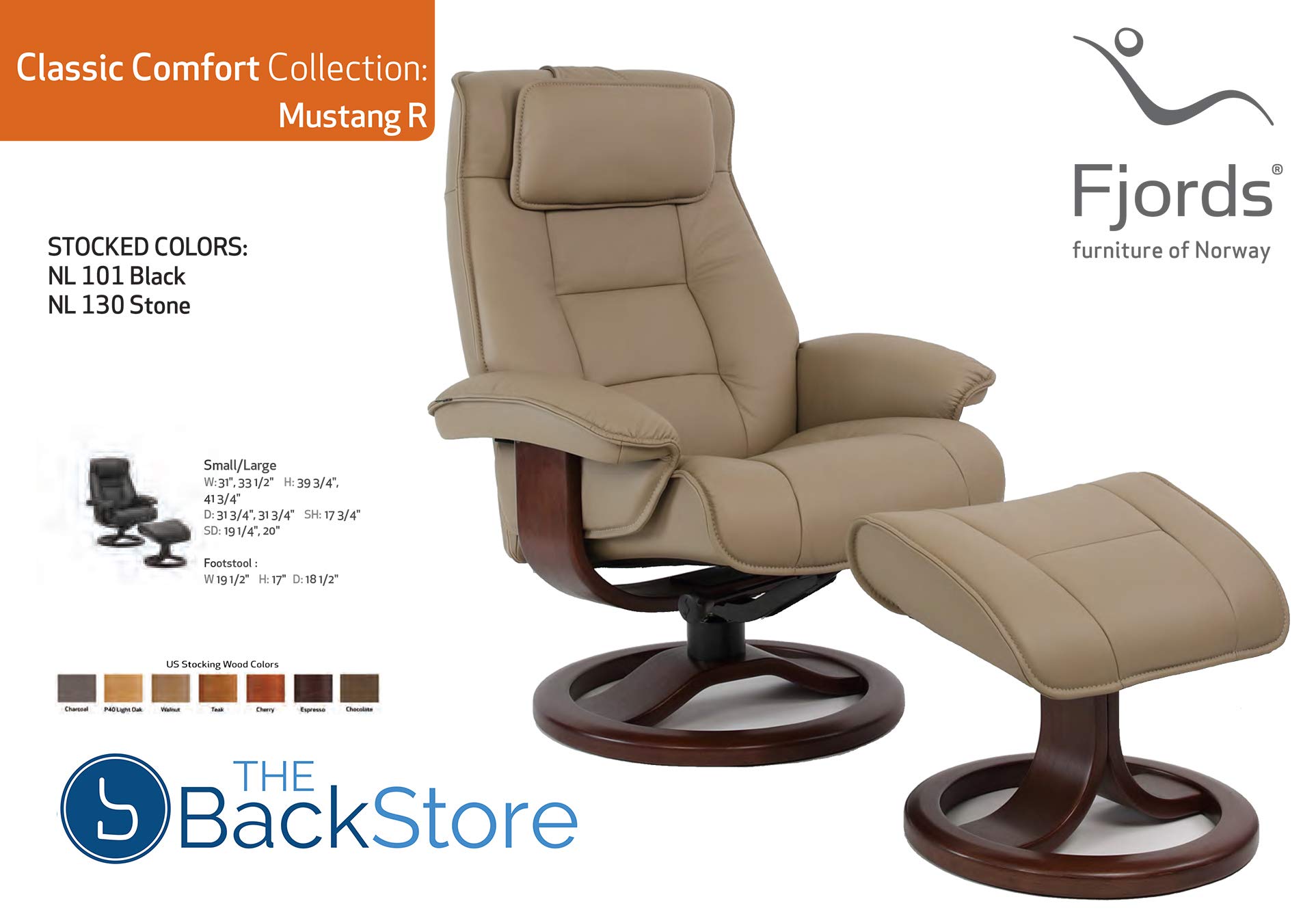 Premium Large Ergonomic Recliner Chair with Ottoman - Stone NL 130 Nordic Line Genuine Leather, Walnut Wood Base - Perfect for Living Room, Home Theater & Office Relaxation