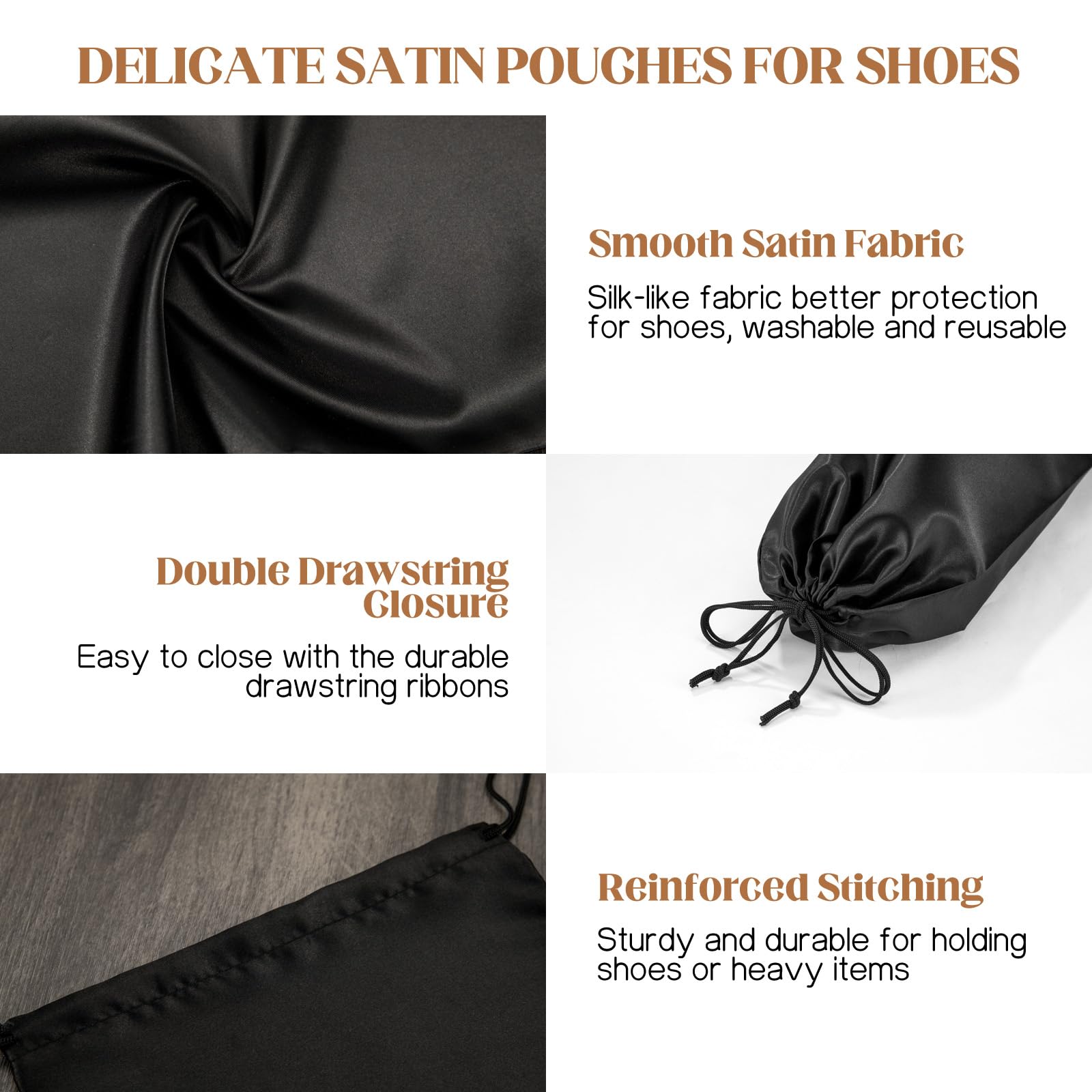 10 Pack Black Satin Shoe Bags with Drawstring - Reusable Travel Shoe Storage Pouches for Dress Shoes, Sneakers & Boots | Perfect for Travel, Gym, Home Organization & Shoe Protection
