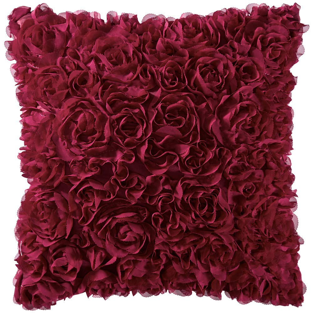 MIULEE 3D Decorative Romantic Stereo Chiffon Rose Flower Throw Pillow Cover - 18x18 Inch (45x45 cm) Square Pillowcase for Sofa, Bedroom, Car - Wine Red Valentines Day Gift - Perfect for Home Decor, Wedding, Anniversary & Romantic Occasions