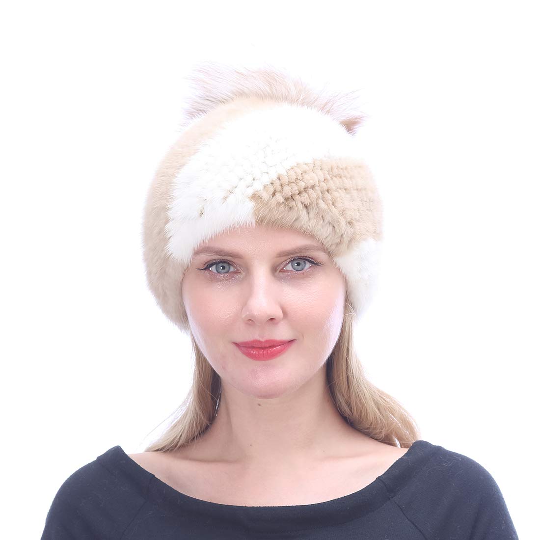 Luxury Real Mink Fur Winter Hats for Women - Warm Knitted Beanie with Patchwork Design & Faux Fur Pom Pom - Perfect for Cold Weather, Outdoor Activities & Fashion Accessories