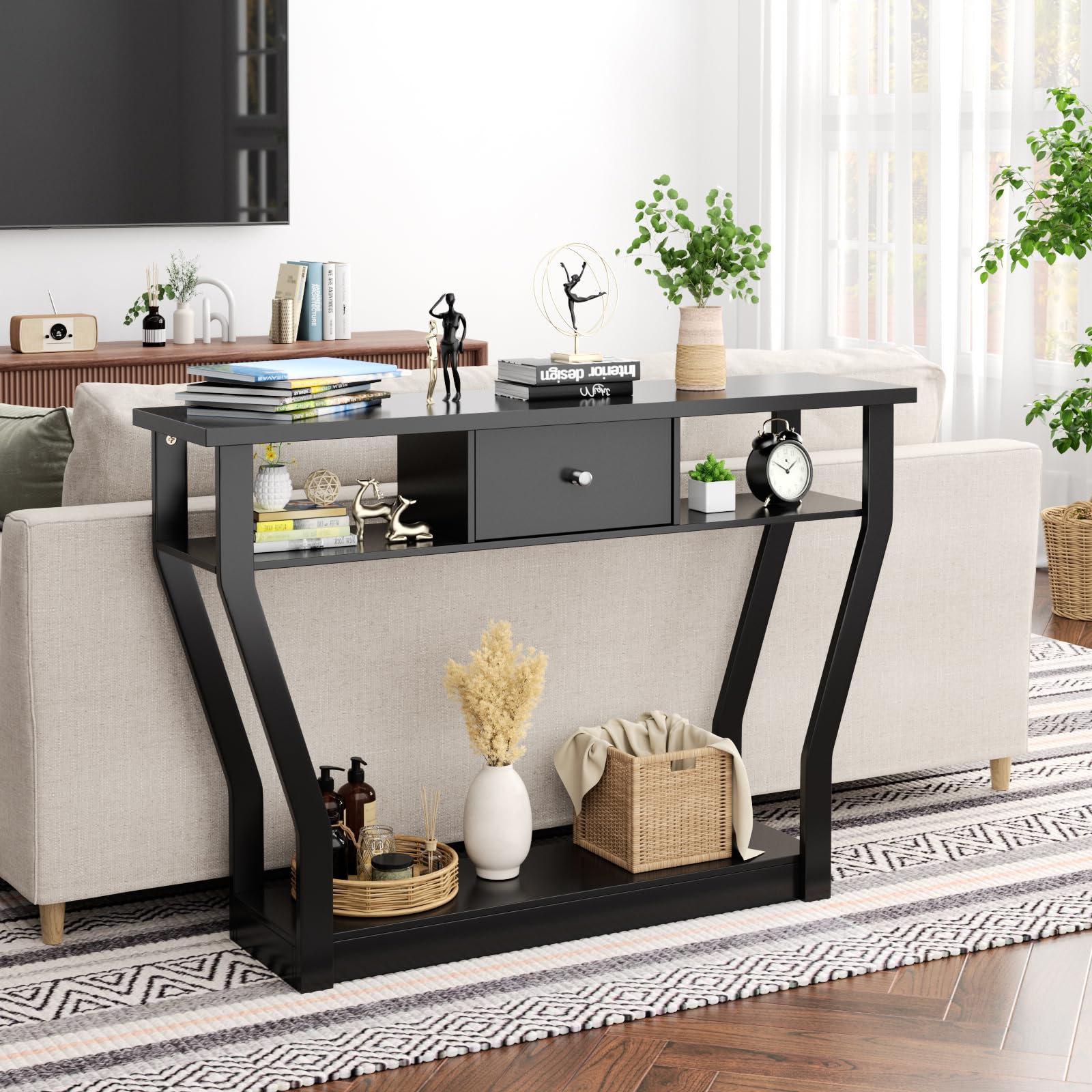 3 Tier Console Table with 1 Drawer & 2 Storage Shelves - Modern Black Sofa Table for Entryway, Living Room, Hallway - Perfect for Small Spaces & Home Decor