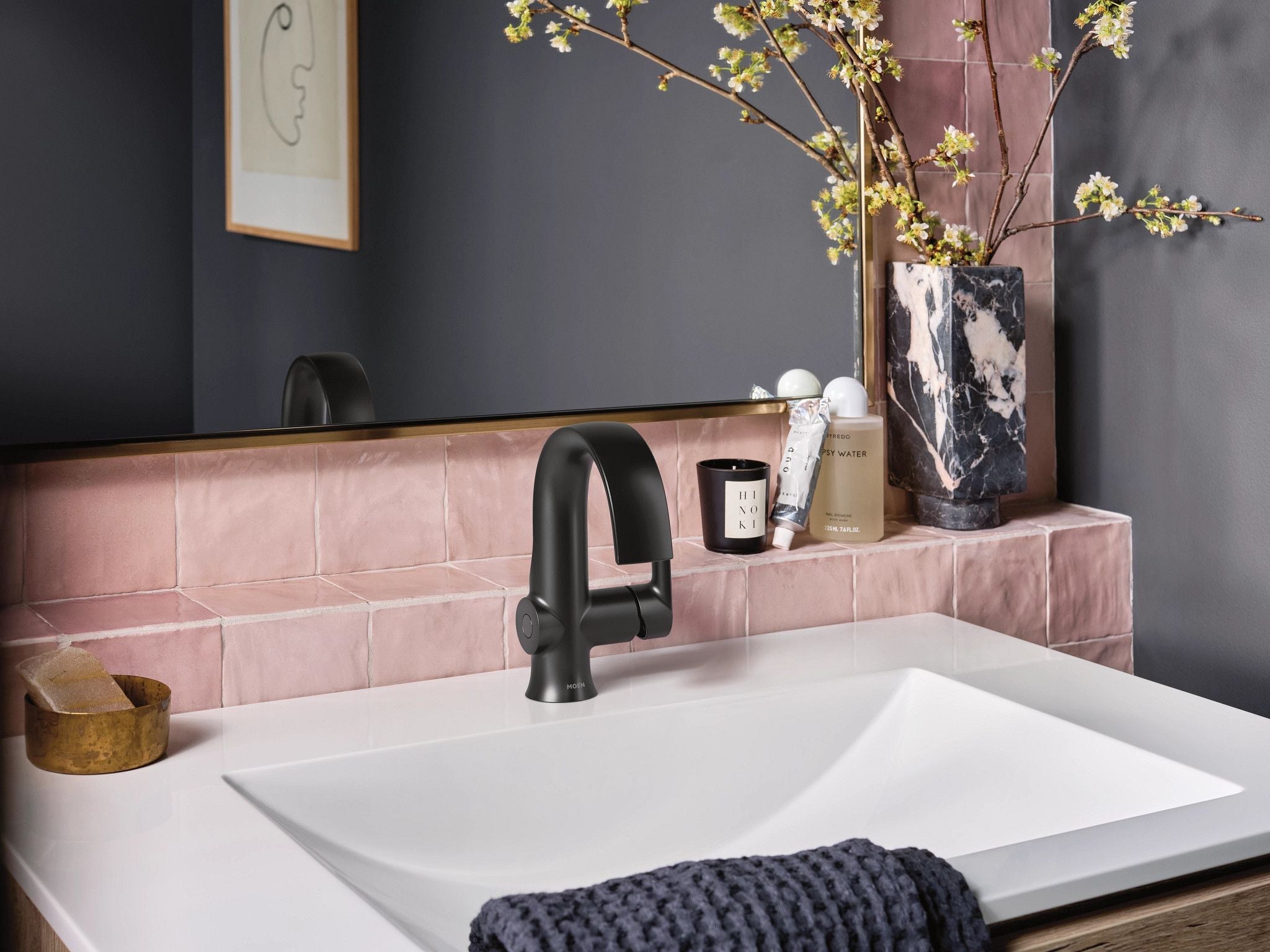 MOEN® One Handle High Arc Bathroom Faucet in Matte Black - Modern Waterfall Spout for Bathtub and Sink, Perfect for Contemporary Home Decor